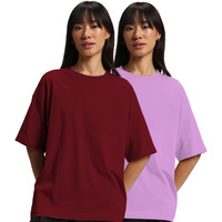 JUNEBERRY Pure Cotton Drop Shoulder Oversized Baggy Fit Half Sleeve Plain Solid Round Neck Multicolor T-Shirt for Women & Girls (Pack of 2) (PO2_OS_JB_MR_LC_XL)