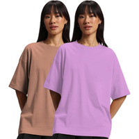 JUNEBERRY Pure Cotton Drop Shoulder Oversized Baggy Fit Half Sleeve Plain Solid Round Neck Multicolor T-Shirt for Women & Girls (Pack of 2) (PO2_OS_JB_LC_CR_S)