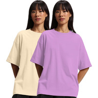 JUNEBERRY Pure Cotton Drop Shoulder Oversized Baggy Fit Half Sleeve Plain Solid Round Neck Multicolor T-Shirt for Women & Girls (Pack of 2) (PO2_OS_JB_LC_SW_S)