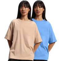 JUNEBERRY Pure Cotton Drop Shoulder Oversized Baggy Fit Half Sleeve Plain Solid Round Neck Multicolor T-Shirt for Women & Girls (Pack of 2) (PO2_OS_JB_AB_SW_S)