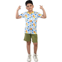Clothe Funn Boys Coordinate Set Tshirt Shorts Set (Off-White/Olive 3-4 Years)