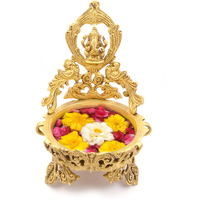 Two Moustaches Brass Peacock Design Ganesha Urli Showpiece, Yellow, 8.5 X 9.5 X 13.5 Inches, Standard, Pack of 1