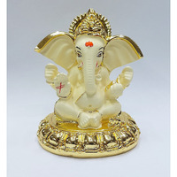 Gold Art India Ceramic Ganesh Idol for Car Dashboard Ganesha Murti Ganpati Idol for Home Decor Puja Lord Ganesh Statue Gift for Office Desk Puja Room Figurine 8x7x7cm, Gold and Off White