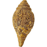 UmI. Brass Conch With Goddess Durga Sarswati Lakshmi And Ganesha Wall Hanging, Height 9.5 Inch