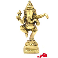 Two Moustaches Brass Dancing Ganesha Idol Antique Yellow | Home Decor |