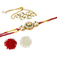 Yellow Chimes Rakhi for Brother and Bhabhi Gold Plated Kundan Bhaiya Bhabhi Rakhi Set Handmade Dori Worked Rakhi Combo of 2 PCs Men Rakhi Bracelet With Roli & Chawal
