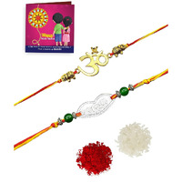 Yellow Chimes Set of 2 Pcs Handmade Dori Worked Silver and Gold Toned OM and BRO Engraved Design Rakhi for Brother with Roli & Chawal, Silver, Gold, Medium (YCTJRK-05BHAY-SLGL) for Men