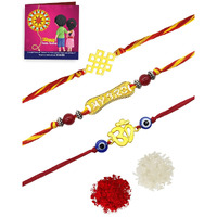 Yellow Chimes Combo of 3 Pcs Handmade Dori Worked Gold Toned OM My BRO and Celtic Design Evil Eye Beads Rakhi for Brother with Roli & Chawal, Red, Gold, Medium (YCTJRK-15BHAY-GL) For Men