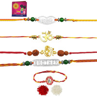 Yellow Chimes Rakhi for Brother | Combo of 5 Rakhi Set for Brother | Traditional Gold and Silver Plated Rakhi Set for Brother and Sister| Rakhi with Roli, Chawal and Greeting Card