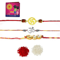 Yellow Chimes Rakhi for Brother | Combo of 3 Rakhi Set for Brother | Traditional Gold and Silver Plated Kundan Rakhi Set for Brother and Sister| Rakhi with Roli, Chawal and Greeting Card