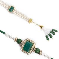 Kalakriti Unisex-Adult Rakhi For Brother And Bhabhi Combo Set Of 2 With Kundan Lumba Bracelet With Roli Chawal, Raksha Bandhan Greeting Card And Printed Potli Bag (Rakhi 3)
