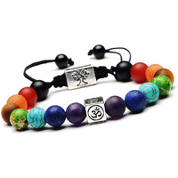 Young & Forever Gift Dvine 7 Chakra Onyx Healing Beads Yoga Reiki Silver Tree of Life and OM Charm Natural Stone Energy Strand Rakhi Bracelet for Men and Women