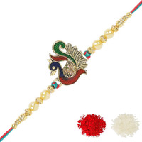 Riddhika Ventures Stunning Gold Plated Designer Peacock and Auspicious kalash Rakhi with Roli Chawal and Greeting Card (P7)