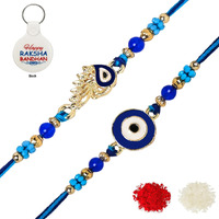 Riddhika Ventures Evil Eye Rakhi Protect From Negative Energy (Set of 2) with Roli Chawal, Greeting Card and and One Motivational Keychain (K18K19K)