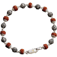 SJ SHUBHAM JEWELLERS 925 Sterling Silver Handmade Dual Wire Stylish Rudraksha Bracelet Silver Rakhi For Men (Brown, 6 Mm Natural Beads Om Silver Para) (9OM)