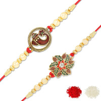 Riddhika Ventures Fabulous Gold Plated Flower and Meenakari Ganesh Rakhi (Set of 2) with Roli Chawal and Greeting Card (E1G1)