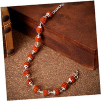 SJ SHUBHAM JEWELLERS 925 Sterling Silver Handmade Dual Wire Stylish Rudraksha Bracelet Silver Rakhi For Men (Brown, 6 Mm Natural Beads Om Silver Para) (5 Mukhi Rudraksha)