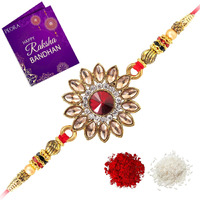 Peora Men Kundan & Crystal Stone Rakhi For Brother With Raksha Bandhan Greeting Card & Roli Chawal