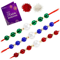 Peora Traditional Legacy of Rakshabandhan with Pearl Rakhi for Brother, Blue, Maroon & Green, Set of 3
