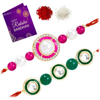 Peora Traditional Legacy of Rakshabandhan with Kundan & Pearl Rakhi for Brother, Rani Pink & Green, Set of 2