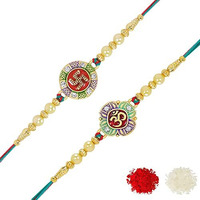 Riddhika Ventures Fabulous Gold Plated Meenakari Rakhi (Set of 2) with Roli Chawal and Greeting Card (P4P5)