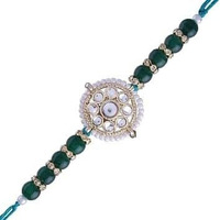 I Jewels Designer Kundan Pearl Rakhi With Roli Chawal & Rakshabandhan Card For Brother/Bro/Bhai (R070G)