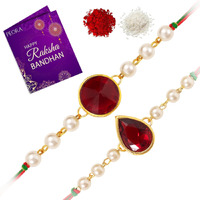 Peora Men Crystal Stone & Pearl Beads Rakhi For Brother Combo Set Of 2 With Raksha Bandhan Greeting Card & Roli Chawal