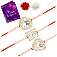 Peora Traditional Legacy of Rakshabandhan with Kundan & Pearl Rakhi for Brother, White Set of 3