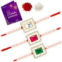Peora Traditional Legacy of Rakshabandhan with Kundan & Pearl Rakhi for Brother, Green, Rani Pink & White, Set of 3