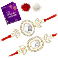 Peora Traditional Legacy of Rakshabandhan with Kundan Rakhi for Brother, White Set of 2