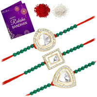 Peora Traditional Legacy of Rakshabandhan with Kundan & Pearl Rakhi for Brother White Set of 3
