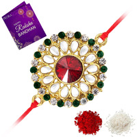 Peora Mens Elegant Kundan & Crystal Stone Rakhi with Raksha Bandhan Greeting Card & Roli Chawal