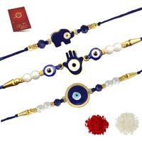 Alaukik Evil Eye Rakhi Protect From Negative Energy Set of 3 Unisex Evil Eye Rakhi With Beads Handmade Rakhi With Roli Chawal for Bro/Brother/Bhaiya/Bhai