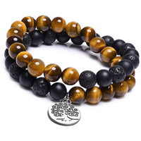 Young & Forever Gift Dvine Spiritual Natural Semi-Precious Tiger Eye Onyx and Lava Tree Of Life Charm Hum Reiki Rakhi Bracelet for Men and Women