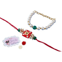 JFL - Jewellery for Less Handmade Kundan Colorful Stone & Pearl,Cotton Bead Rakhi, Combo Collection Couple Pair Set with Roli Chawal (Raksha Bandhan) Unisex Adult