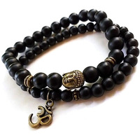 Young & Forever Gift Dvine Onyx Healing Beads Yoga Reiki Gold Om Buddha Charm Natural Stone Spiritual Energy Multi-Strand Rakhi Bracelet for Unisex Adult (Black)