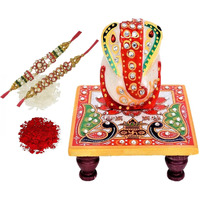 Purpledip Rakhi Set For Brother: Marble Aasan Ganesha, Set of 2 Rakshabandhan Bracelets & Auspicious Roli Chawal Tika For Men (rakhi1b)