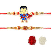 KKR Enterprise:- Super Man Kids cartoon rakhi & om rakhi For Boys, Girls Rakhi For Kids/Little Brother/Bhai Rakhi/Raksha Bandhan Roli Chawal (combo)