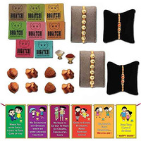 BOGATCHI Rakhi for Brother with Chocolates -Set of 4 Gold Plated Beads and Crafted Rakhi for Brother + Free 8 Piece Chocolate + Free roli chawal+ Bro sis Greeting Card