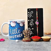 TONKWALAS Rakhi for Brother with Coffee Mug & Brass Ganesha Idol Rakhi Combo | 325 ml | Pack of 5 (Greeting Card, Roli Chawal, Rakhi, Mug, Ganesha Idol) Best Rakhi Gift for Brother (MG-34-GG2-C54)