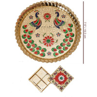 iKreation Acrylic Round Shape Peacock Printed Haldi Kumkum Holder/Rakhi Platter/Pooja Thali (Gold_19.1 x 19.1 cm)