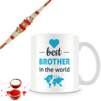 illuminati gifts Raksha Bandhan Gift Set of Stone Studded Rakhi & Best Brother in The World Quote Printed Ceramic Coffee Mug for Brother Bhaiya Bhai - (325ml, Blue)
