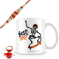 illuminati gifts Raksha Bandhan Gift Set of Stone Studded Rakhi & Best Bro Skull Design Quote Printed Ceramic Coffee Mug for Brother Bhaiya Bhai - (325ml, White)