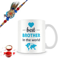 illuminati gifts Raksha Bandhan Gift Set of Beautiful Peacock Rakhi & Best Brother in The World Quote Printed Ceramic Coffee Mug for Brother Bhaiya Bhai - (325ml, Blue)