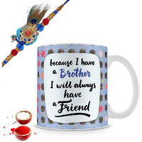illuminati gifts Raksha Bandhan Gift Set of Beautiful Peacock Rakhi & Brother Always Friend Quote Printed Ceramic Coffee Mug for Brother Bhaiya Bhai - (325ml, Multicolor)