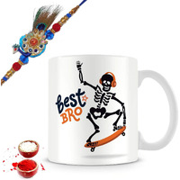 illuminati gifts Raksha Bandhan Gift Set of Beautiful Peacock Rakhi & Best Bro Skull Design Quote Printed Ceramic Coffee Mug for Brother Bhaiya Bhai - (325ml, White)
