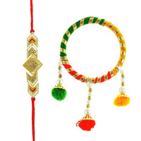 INDI ART RAKHI SET for BHAIYA and BHABHI JI- PYARE BHAIYA RAKHI with LATKAN KADA SET for BHABHI JI - Set of 2 (Prime)