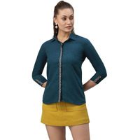 SIRIL Womens Diya Slub Crop Embroidery Plaket Shirt(251TK4061-M_Teal)