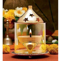 Ein Sof Large Size Decorative Brass Akhand Diya with Glass Cover , Puja Dia for Mandir , Oil Lantern and Tea Light Holder (Height 8 inches)
