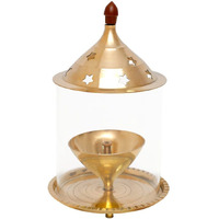 EIN SOF 5 inches Medium Gold Brass Akhand Diya with Borosilicate Glass Cover for Puja Aarti & Home Decoration - Oil & Camphor Lamp , Glass Tealight Candle Holder - Gold & White